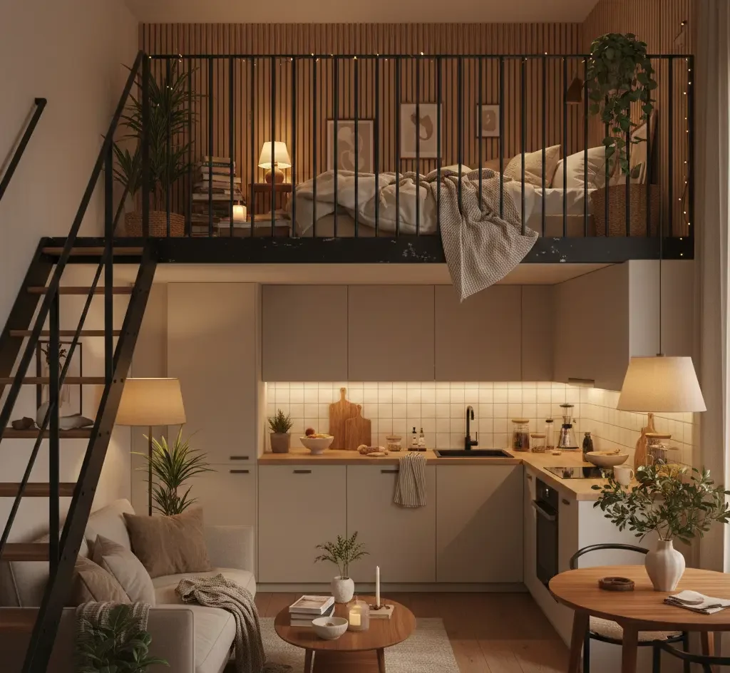 A warm cluttered small loft apartment with a cozy sleeping area above layered neutral decor soft lighting indoor plants and a compact living dining and kitchen space in beige and warm wood tones e1766143693649