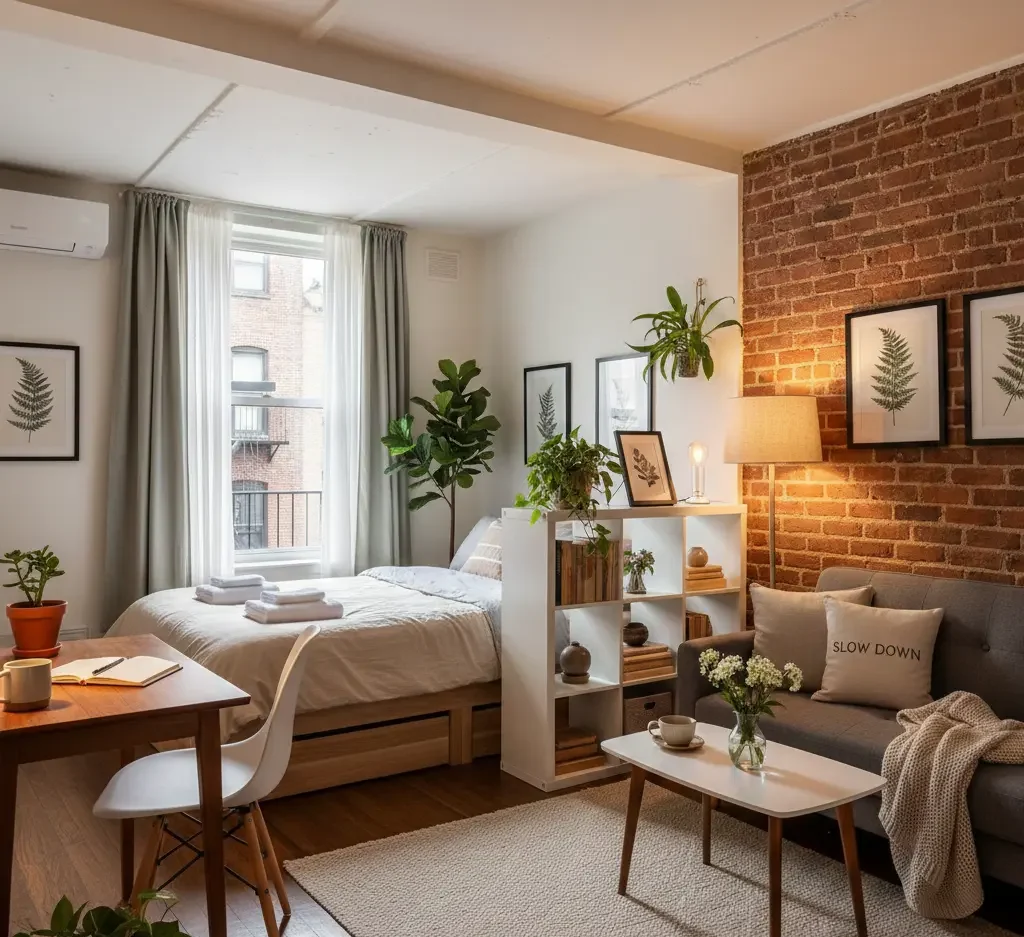 Cozy small studio apartment with open shelving divider grey sofa bed indoor plants and warm ambient lighting e1766142148848