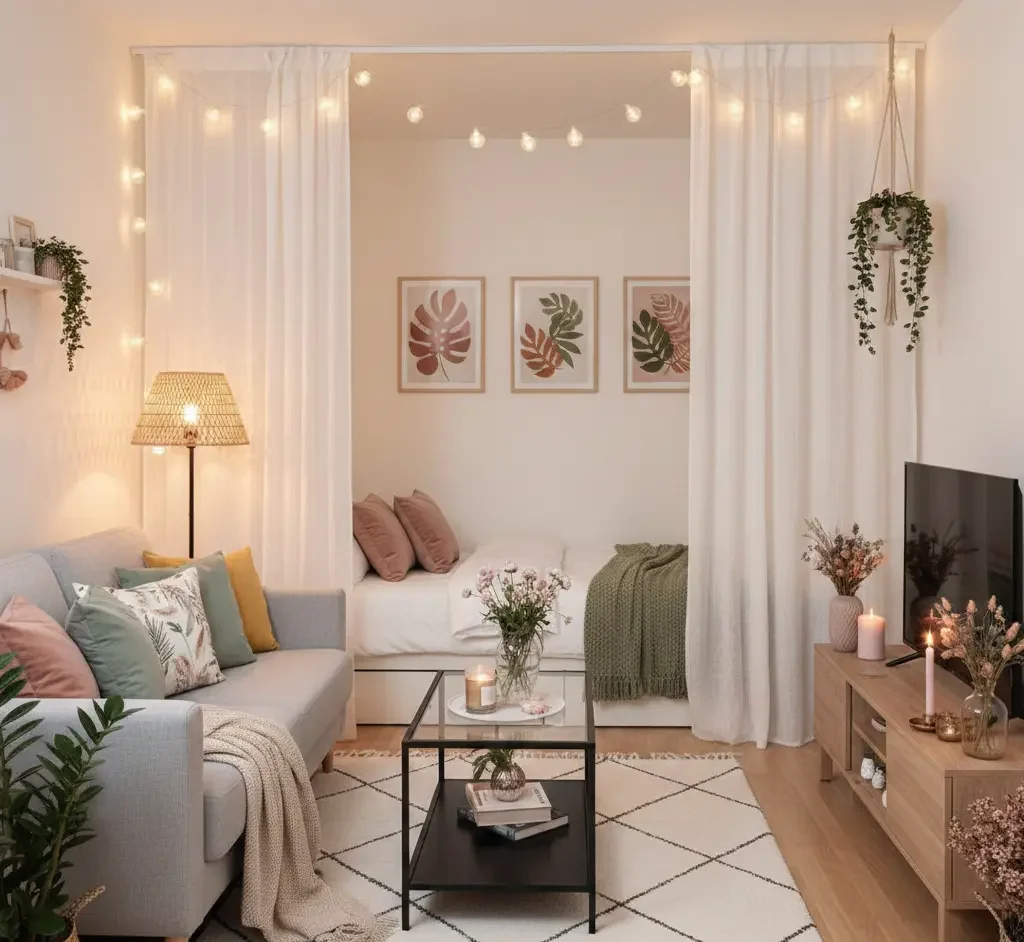 Cozy small studio apartment with sheer curtains string lights pastel decor and a bed tucked behind the living area e1766142111512