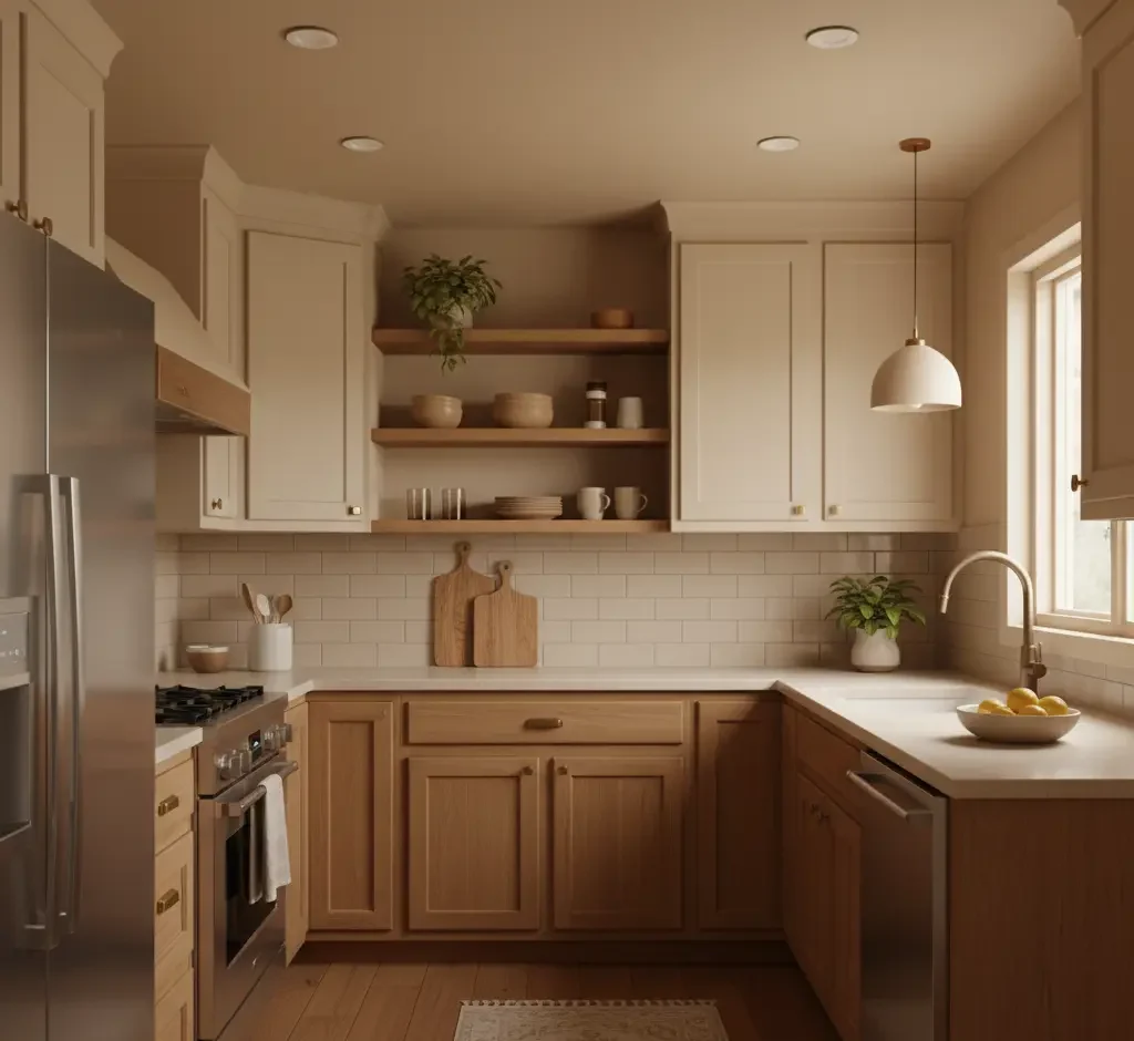 Warm small galley kitchen with beige cabinetry open shelves wooden accents and cozy earth tone decor e1766142085808